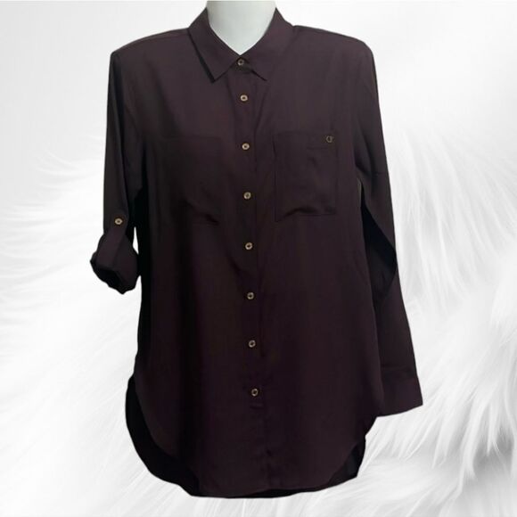 Calvin Klein Long Roll Tab Sleeve Button Front Crepe Blouse CK Eggplant Work Top - Picture 2 of 12